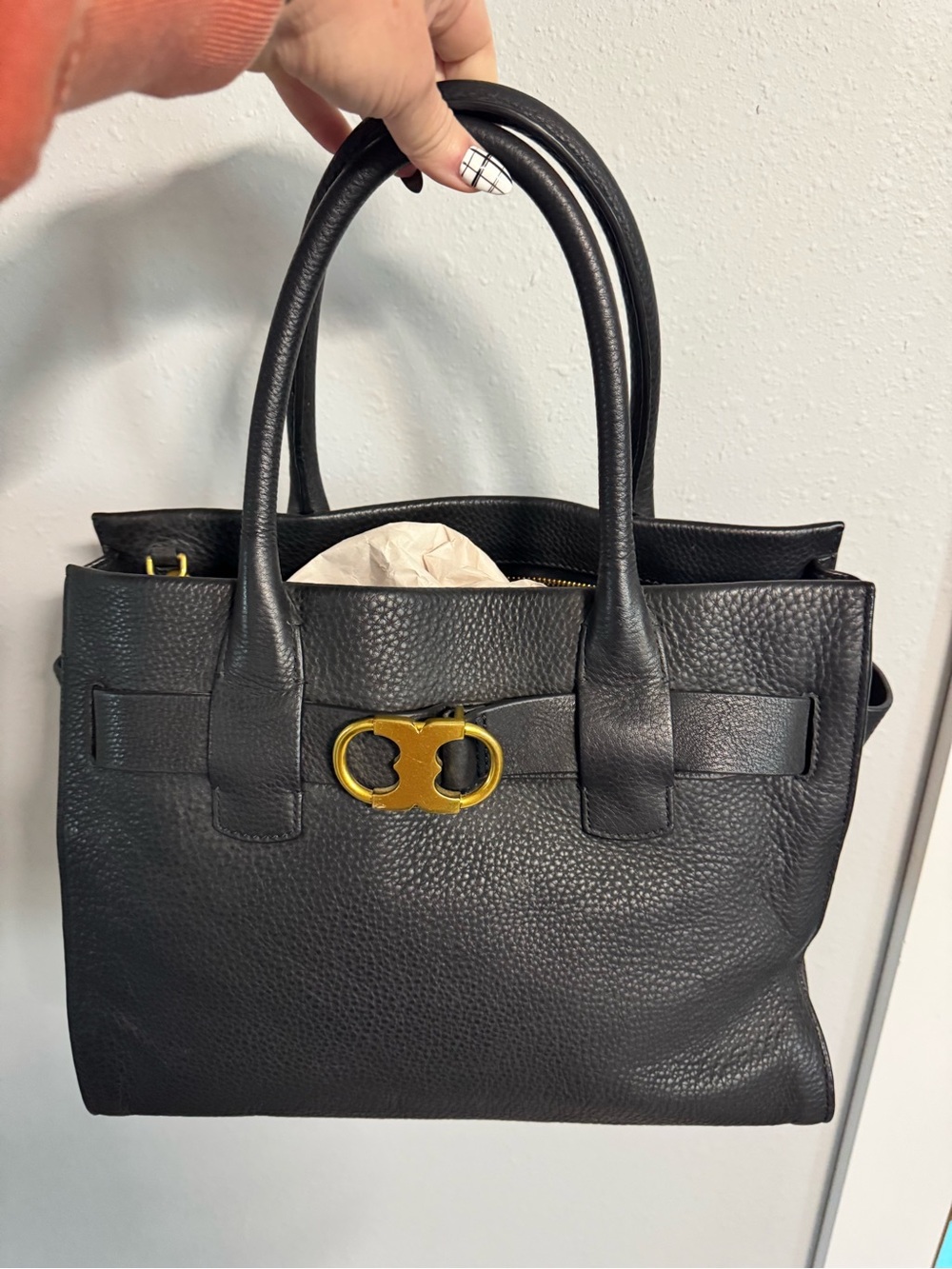 Tory Burch Black Pebbled Leather Tote with Gold Hardware